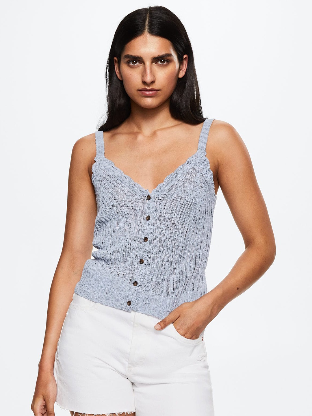 

MANGO Blue Solid Knitted Shoulder Strap Top