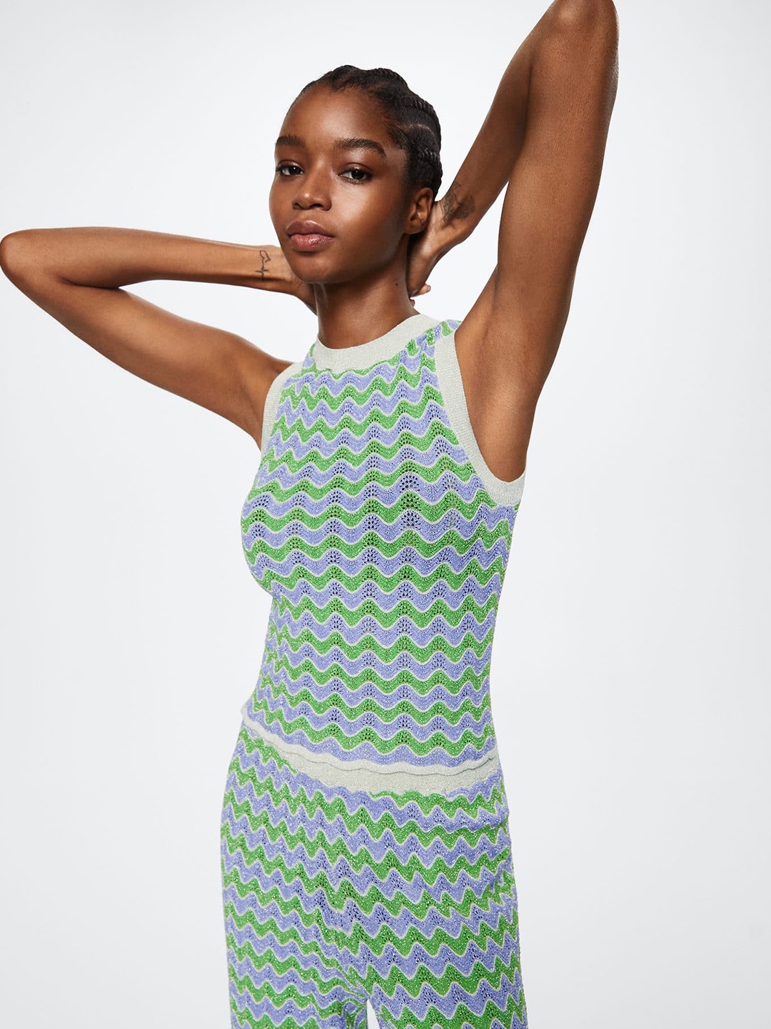 

MANGO Blue & Green Chevron Print Knitted Top