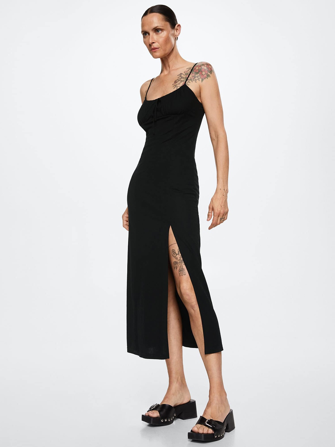 

MANGO Black Solid A-Line Midi Dress