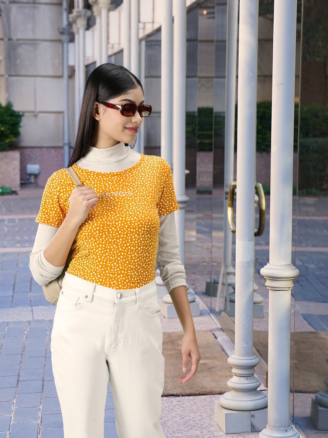 

MANGO Women Mustard Yellow & White Printed Pure Cotton T-shirt