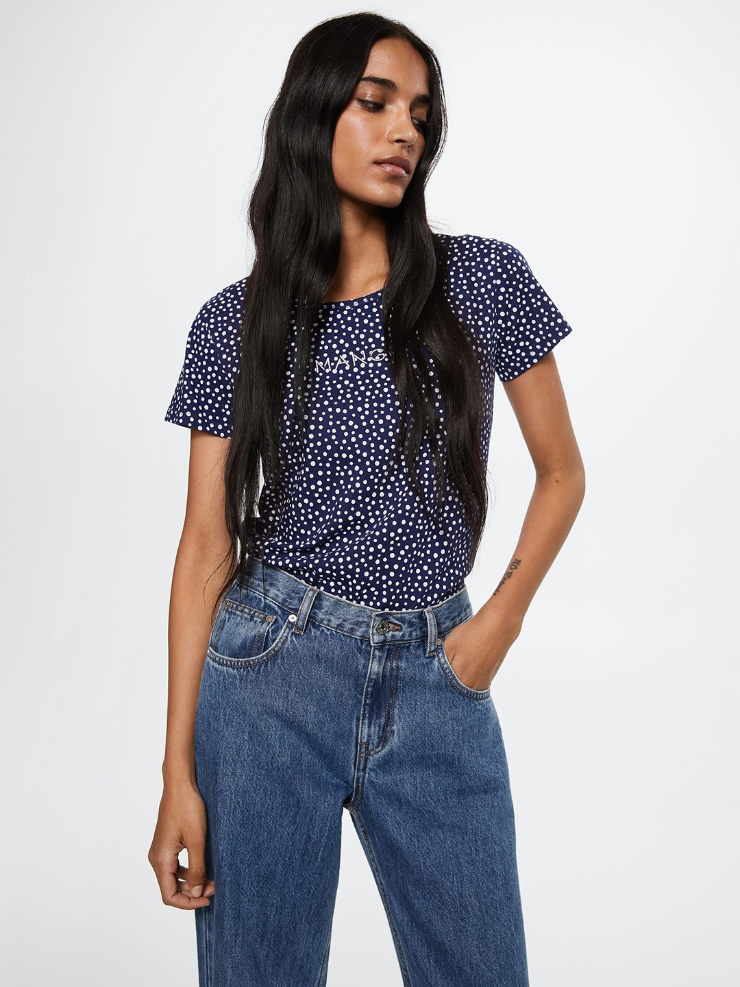 

MANGO Women Navy Blue & White Pure Cotton Geometric Printed T-shirt