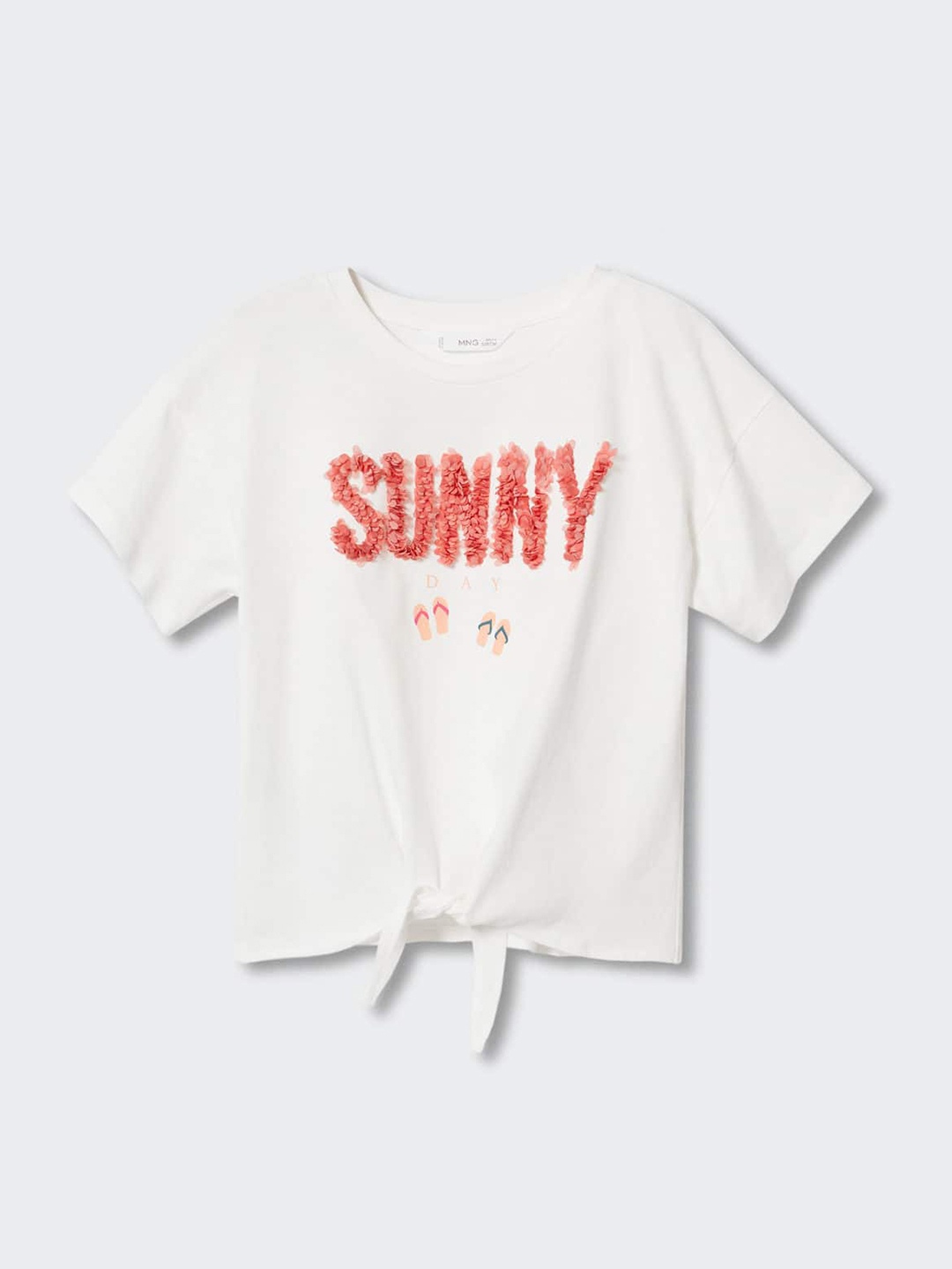 

Mango Kids Girls White & Peach-Coloured Pure Cotton Typography Applique T-shirt