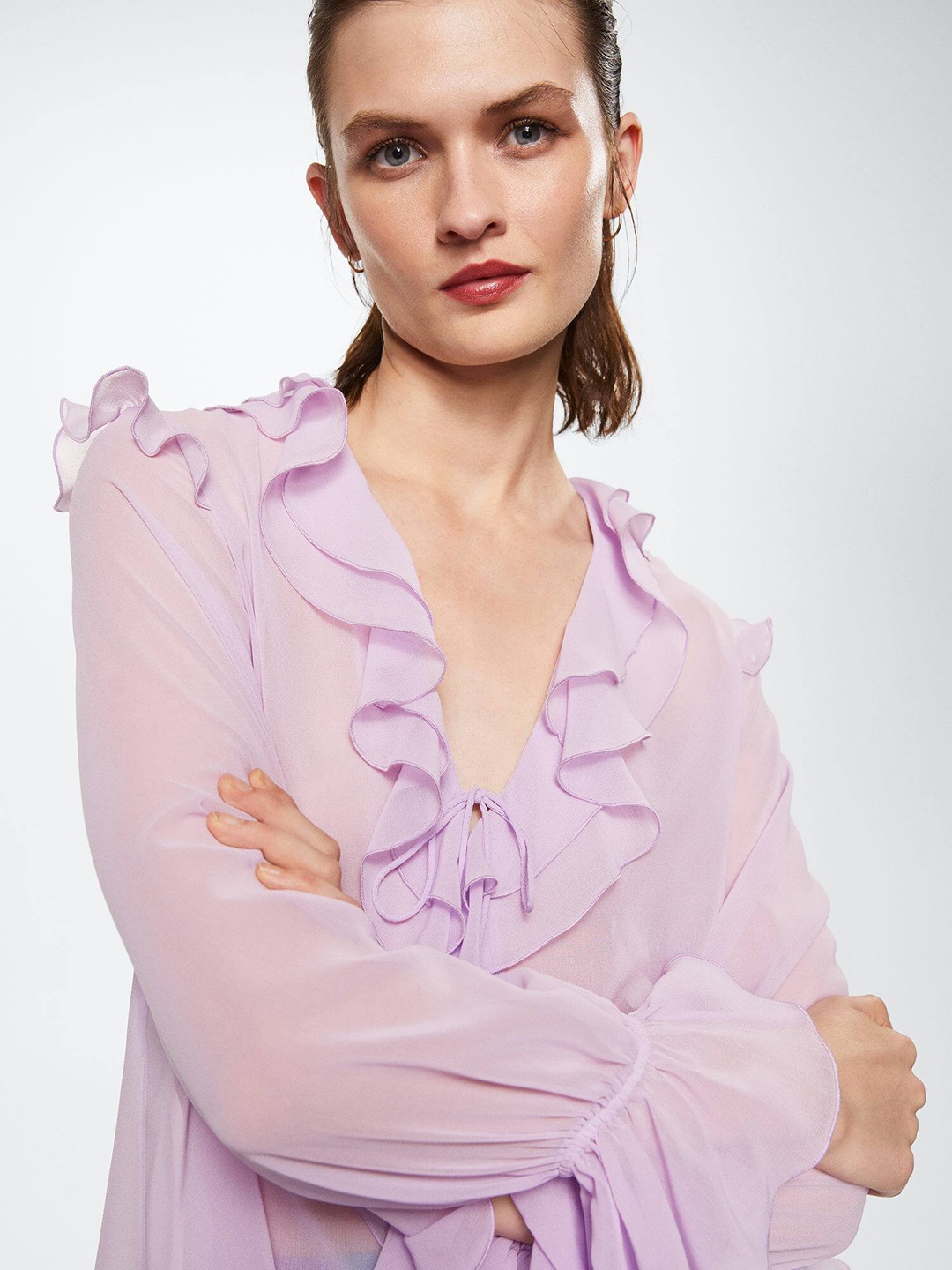 

MANGO Women Lavender Ruffles Top with Puff Sleeves