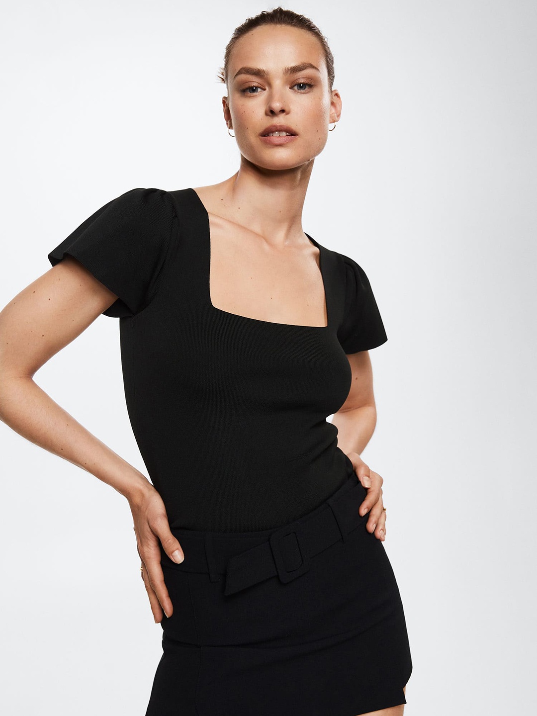 

MANGO Women Black Solid Square Neck Top