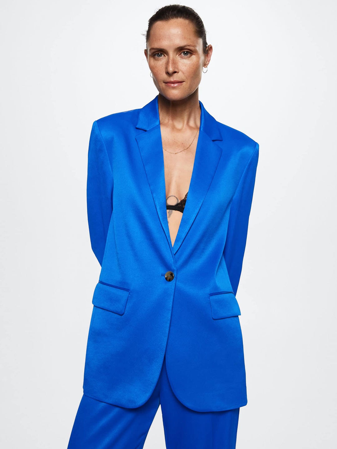 

MANGO Women Blue Solid Satin Finish Oversized Casual Blazer