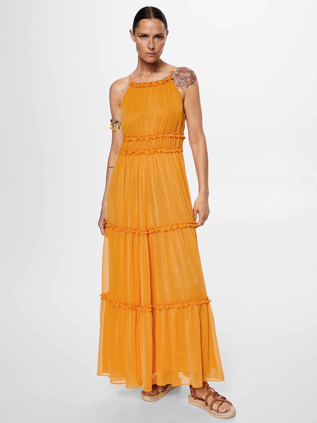 

MANGO Mustard Yellow Solid Ruffle Tiered Maxi Dress