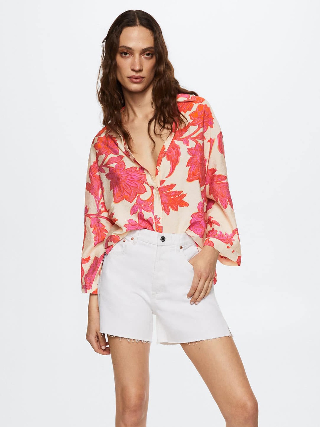 

MANGO Women Cream-Coloured & Pink Floral Printed Oversized Casual Shirt