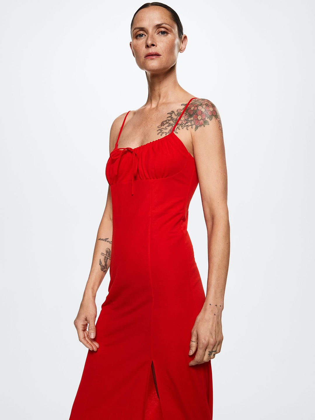 

MANGO Red Solid Sheath Slit Midi Dress