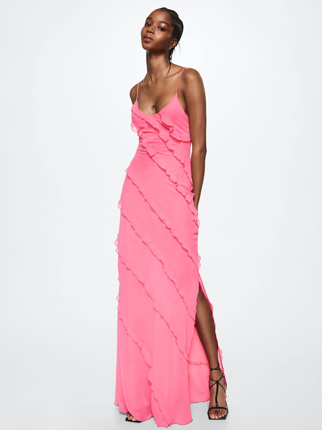 

MANGO Pink Solid Ruffle Maxi Dress