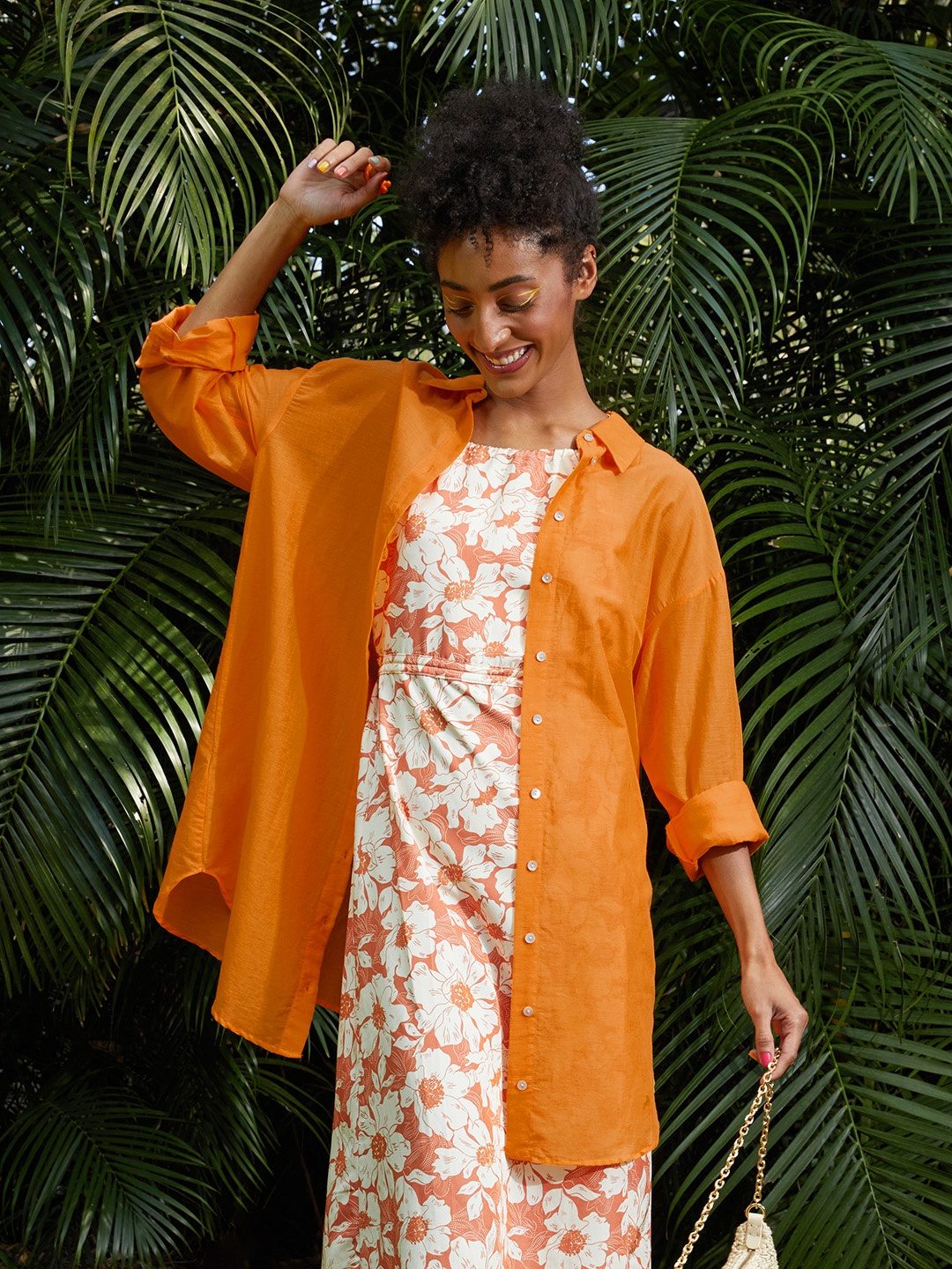 

MANGO Women Orange Pure Cotton Solid Oversized Casual Shirt