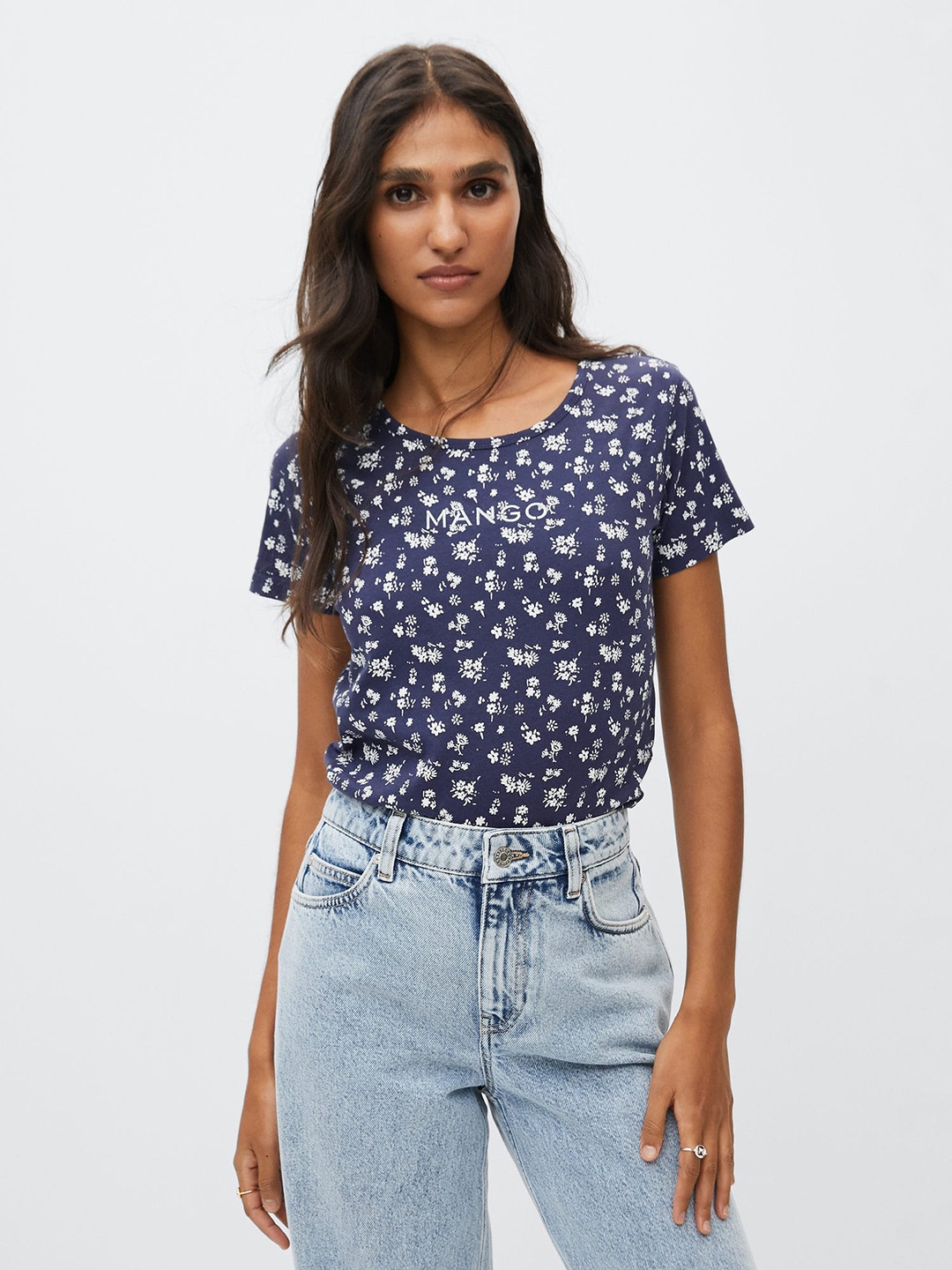 

MANGO Women Navy Blue & White Pure Cotton Floral Printed T-shirt