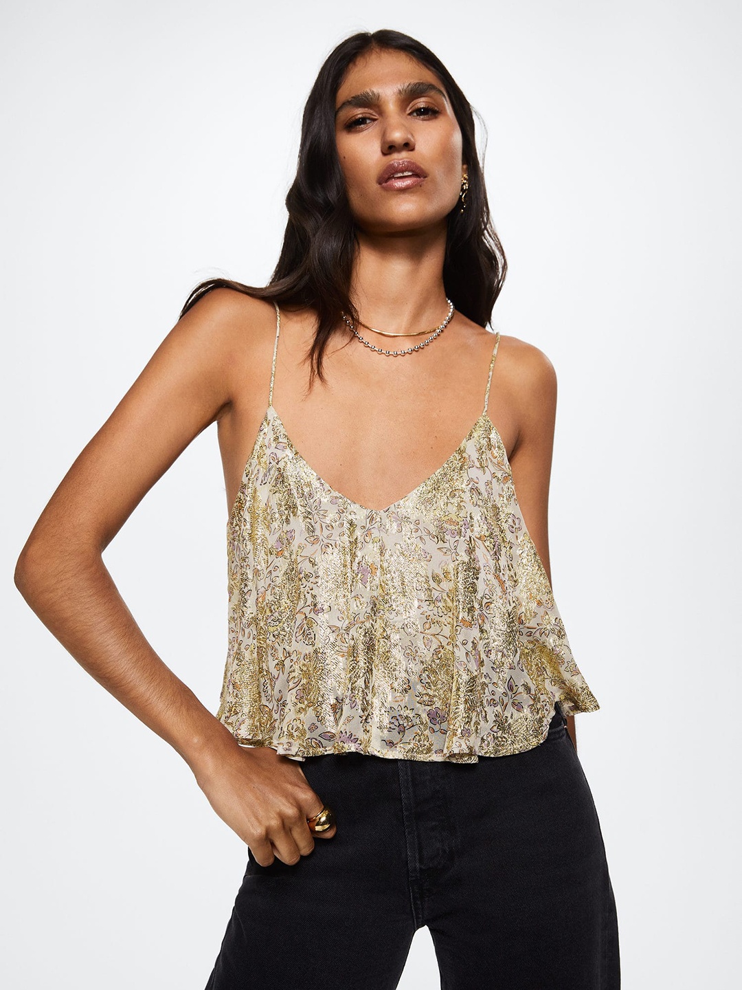 

MANGO Off White & Golden Abstract Print Strappy Top