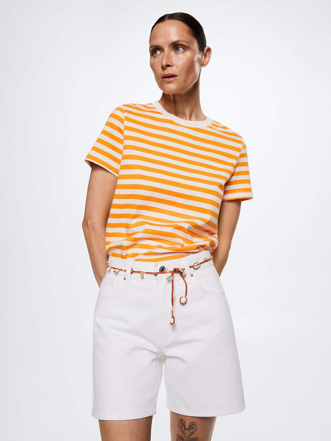 

MANGO Women Orange & Off White Striped Pure Cotton T-shirt