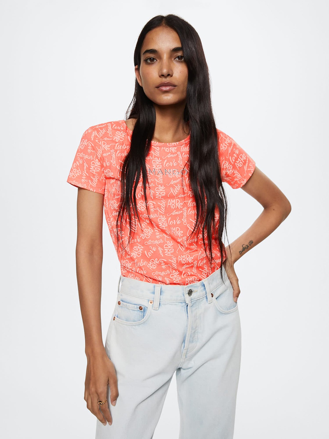 

MANGO Women Peach-Coloured & Off White Printed Pure Cotton T-shirt