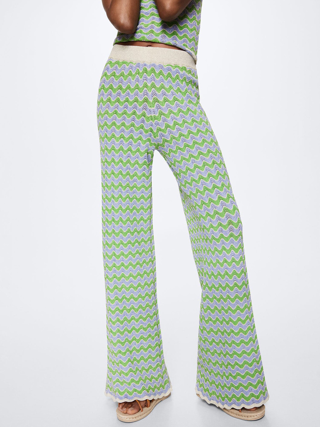 

MANGO Women Green & Blue Self-Design High-Rise Knitted Parallel Trousers