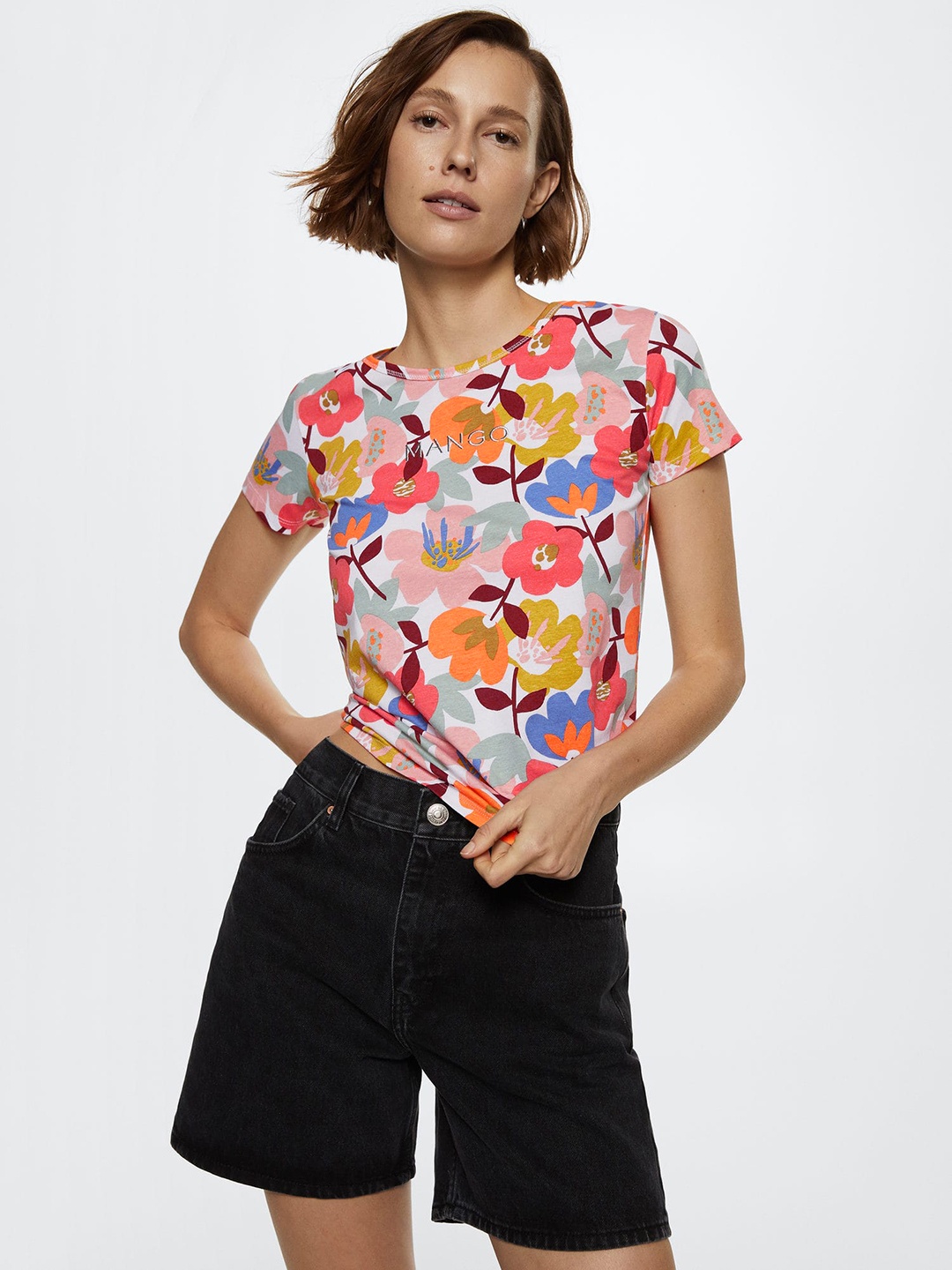 

MANGO Women White & Blue Pure Cotton Floral Printed T-shirt