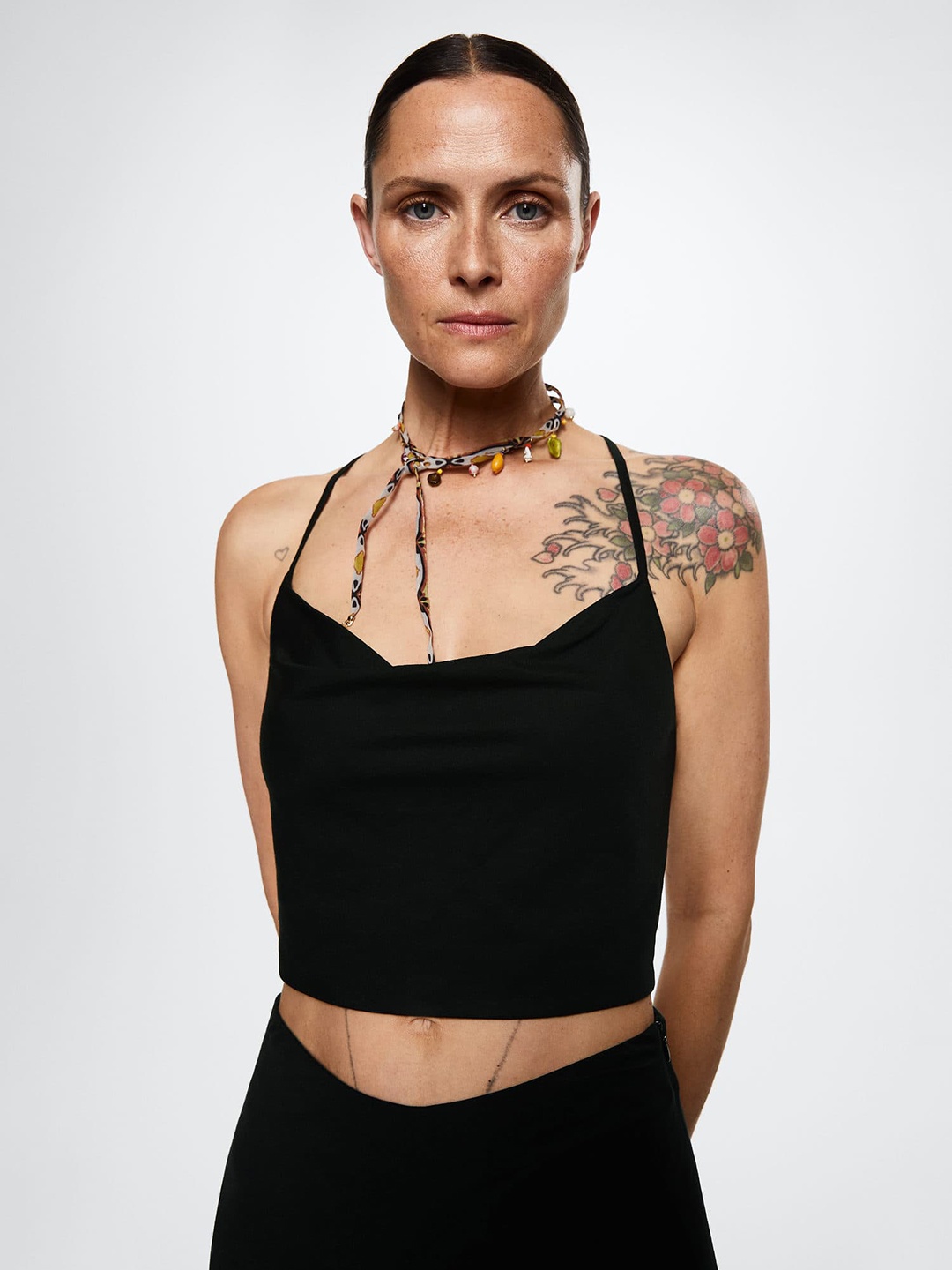 

MANGO Black Solid Halter Neck Crop Top