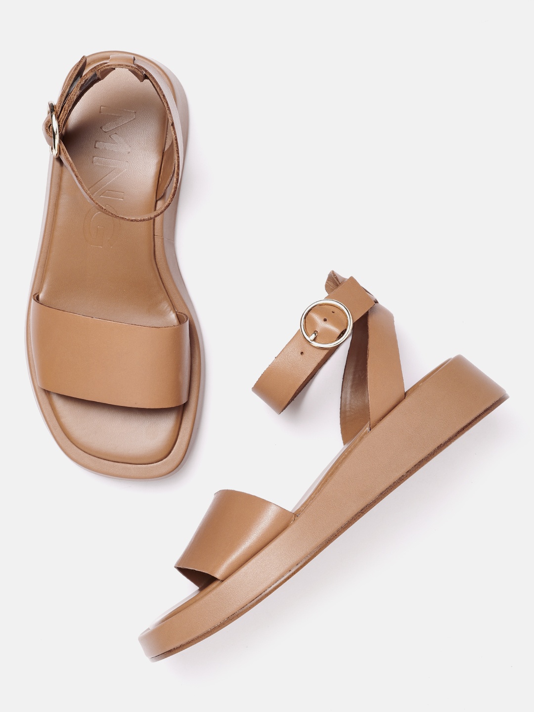 

MANGO Women Camel Brown Solid Leather Open Toe Flats