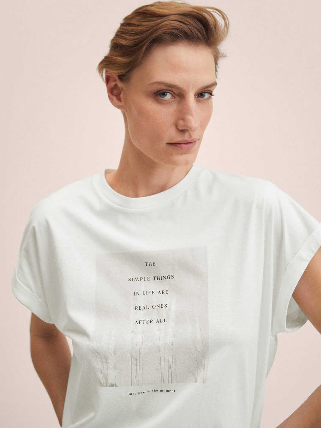 MANGO Women White Typography Printed Extended Sleeves Pure Cotton T-shirt