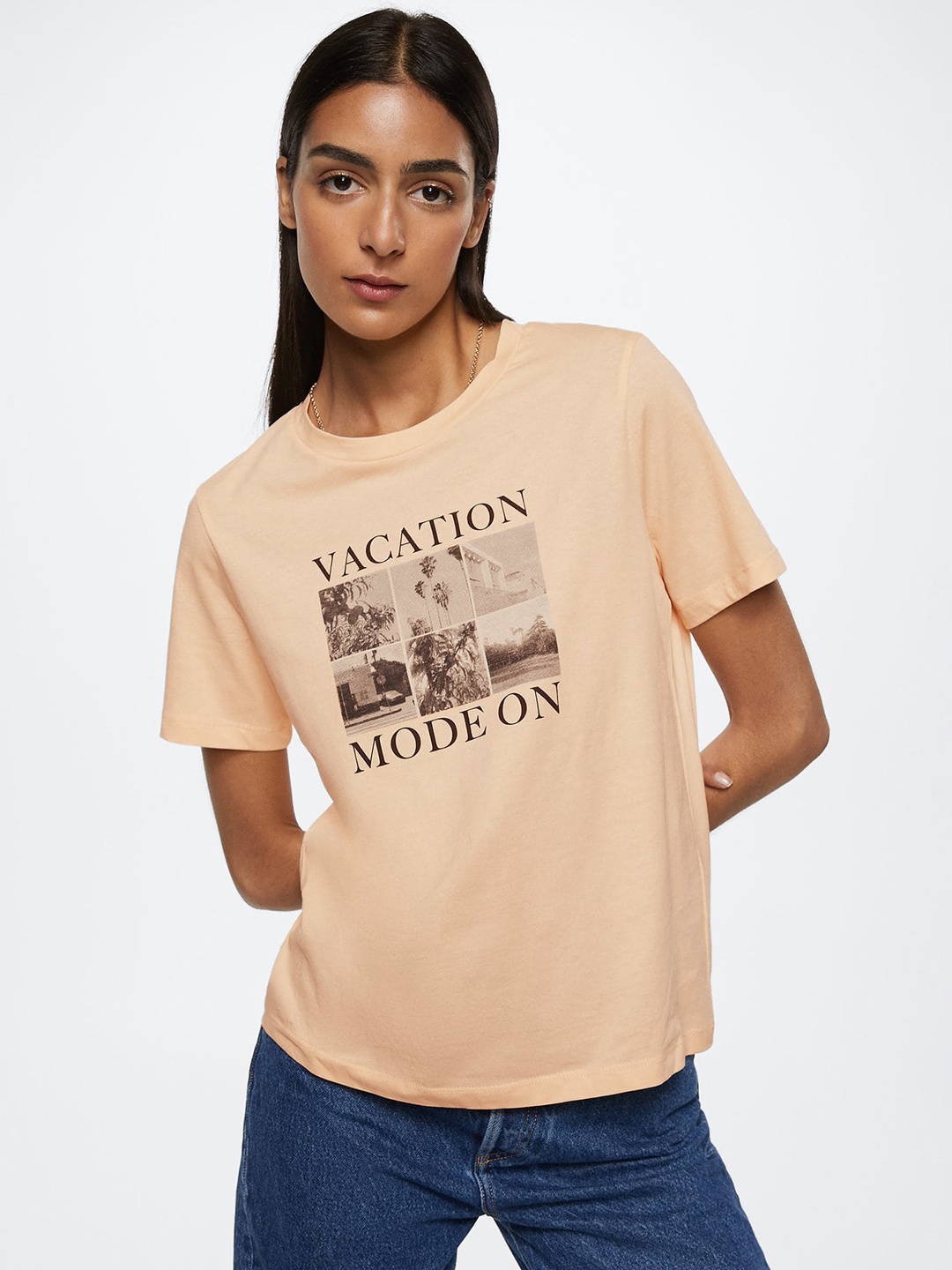 MANGO Women Peach-Coloured Typography Printed Pure Cotton T-shirt