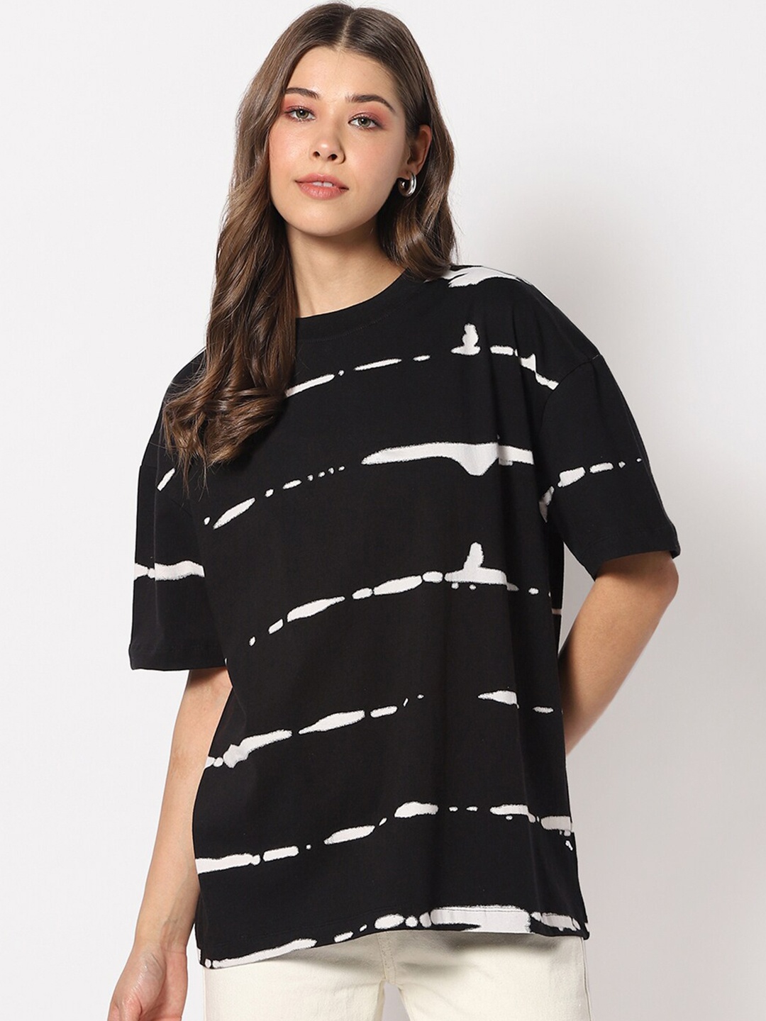 

Bewakoof Women Black & White Striped Raw Edge Loose T-shirt