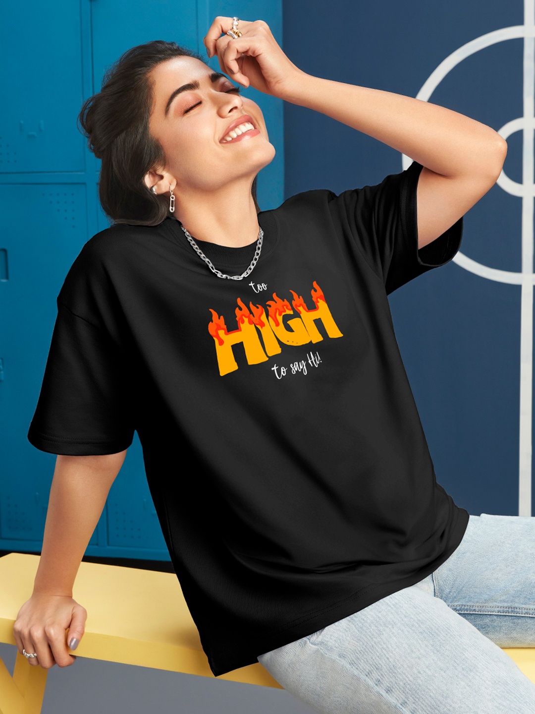 

Bewakoof Too High Typography Oversized T-shirt, Black