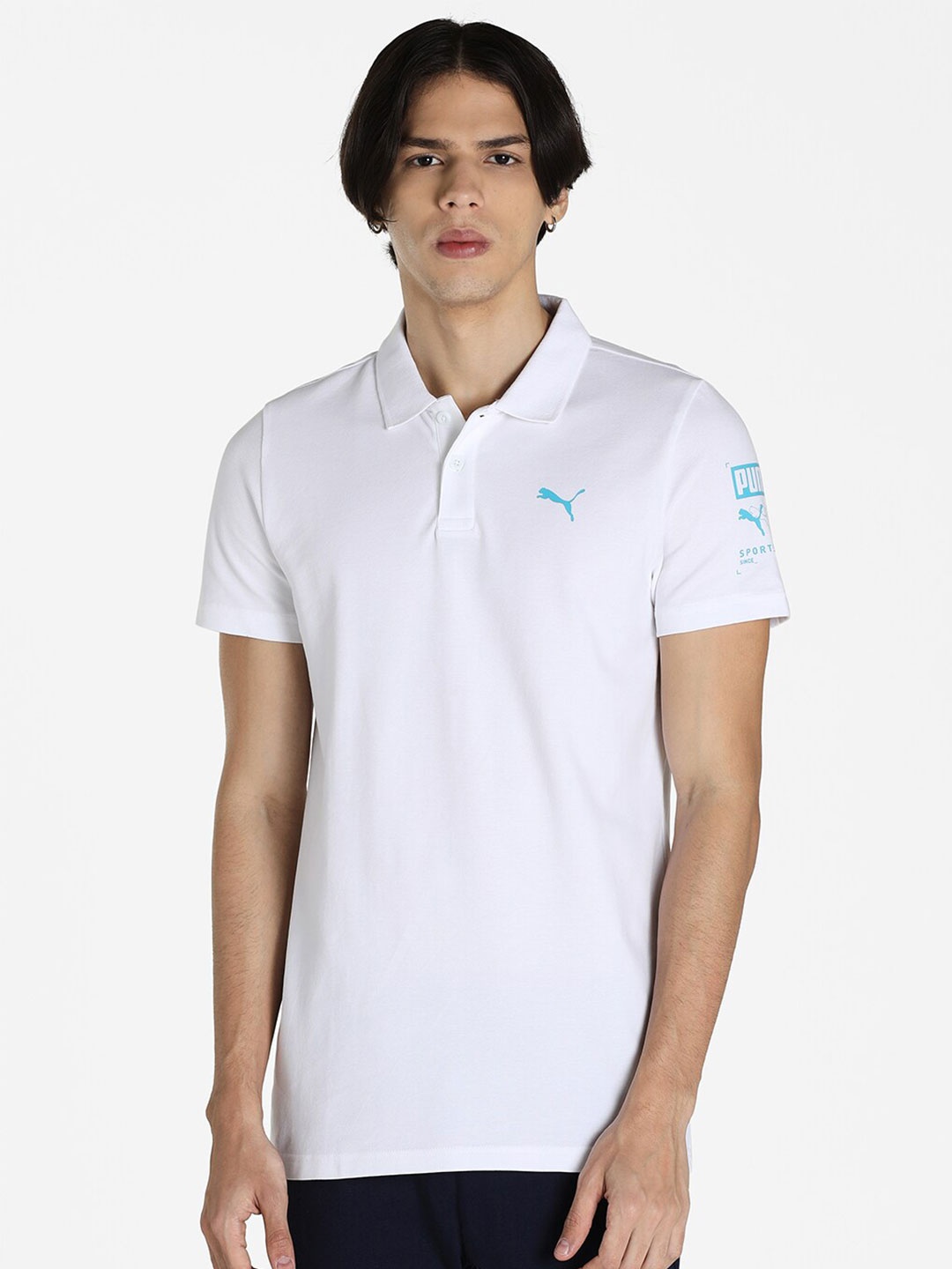 

Puma Men White & Blue Graphic Polo Collar Slim Fit T-shirt