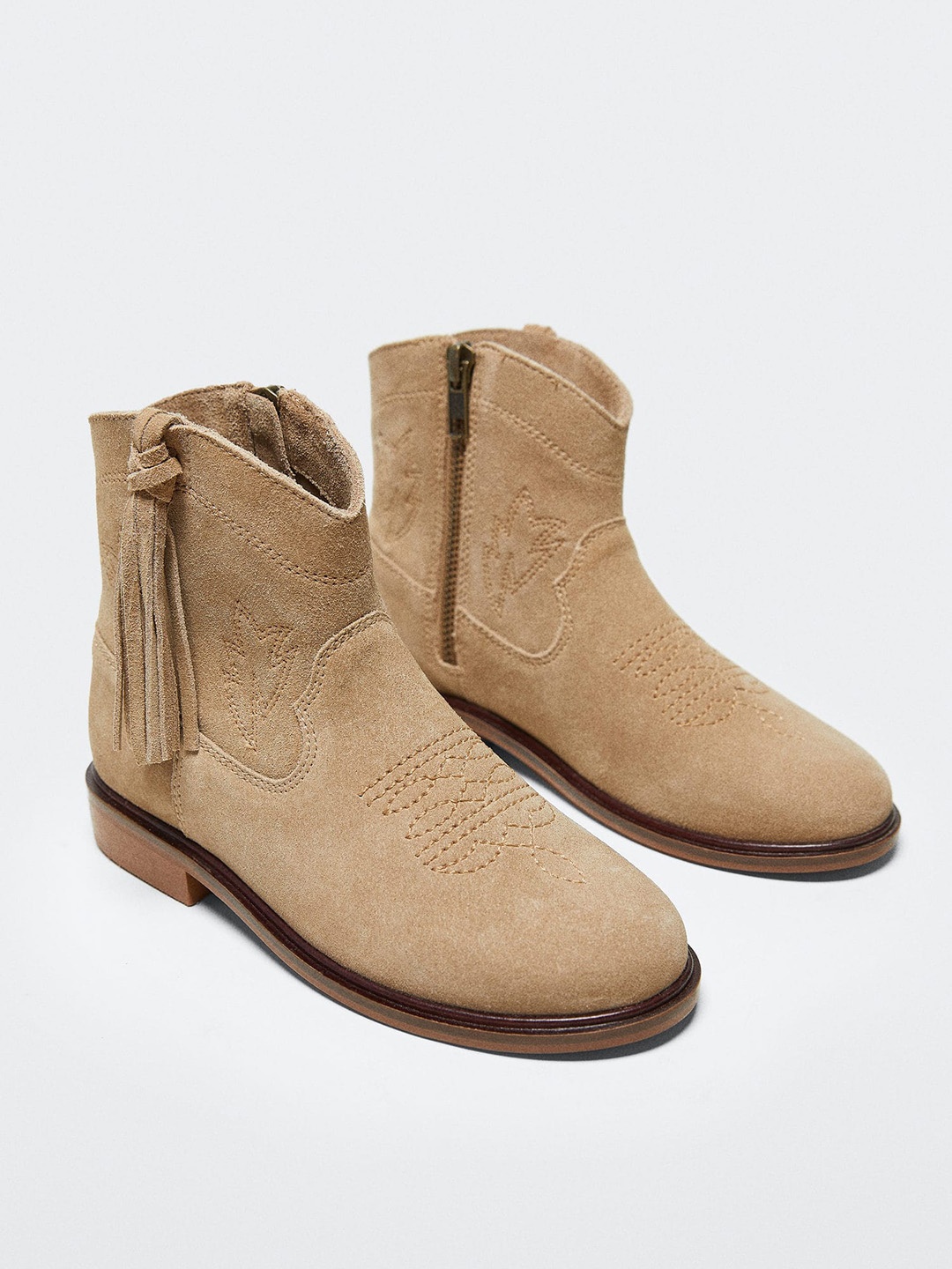 

Mango Kids Girls Beige Solid Leather Sustainable Boots with Embroidered Detail