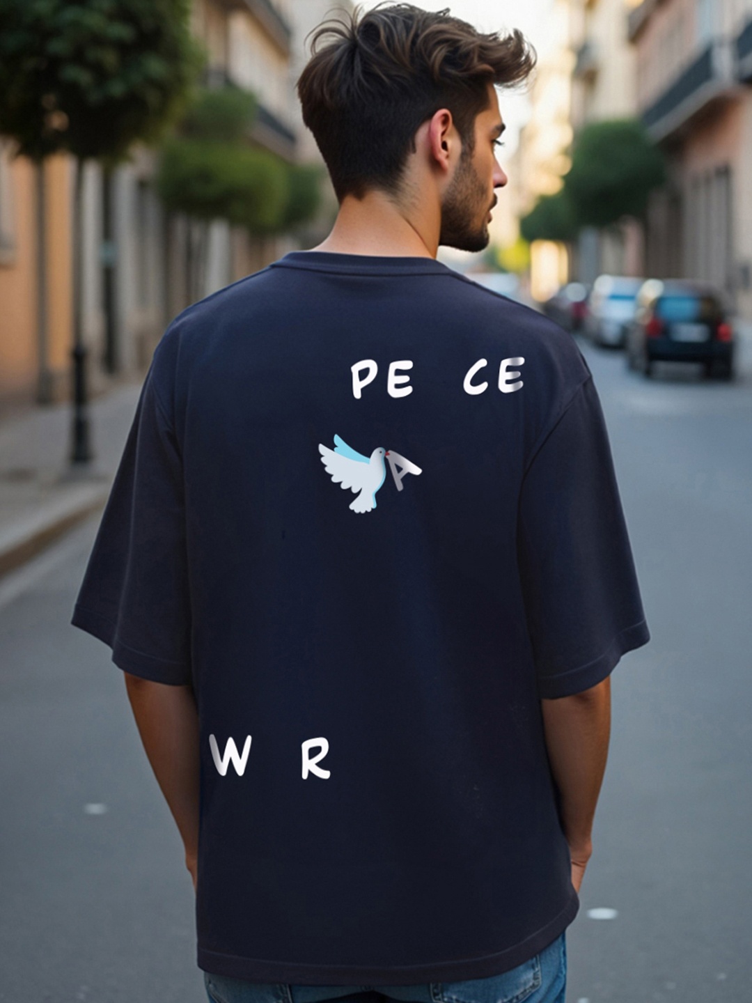 

Bewakoof Men Blue Peace Not War Graphic Printed Oversized T-shirt