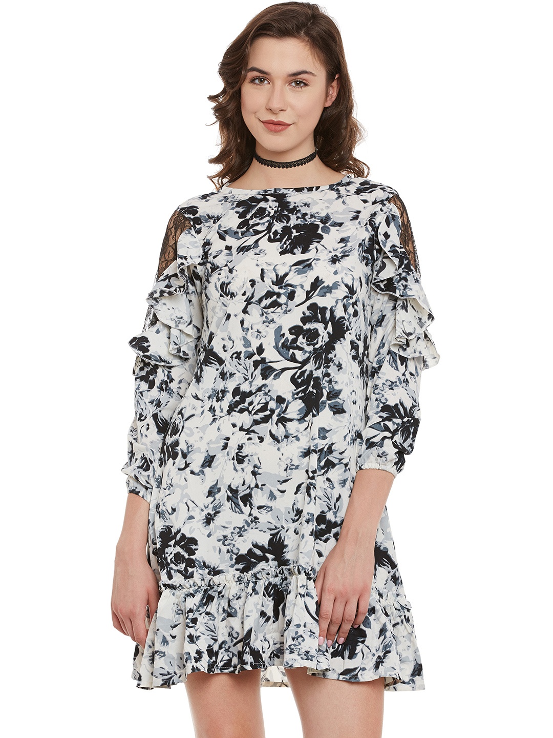 

Belle Fille Women Black Crepe Printed A-Line Dress