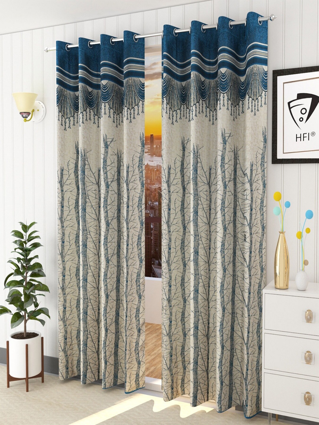 

Homefab India Turquoise Blue & Cream-Coloured Set of 2 Room Darkening Long Door Curtain