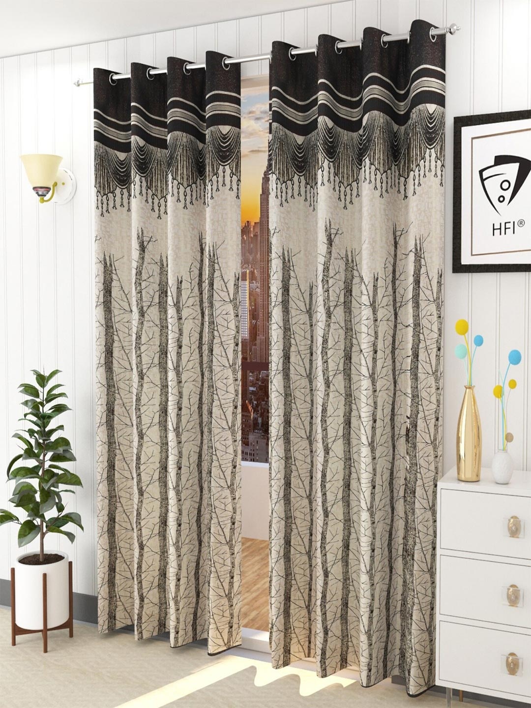 

Homefab India Brown & Grey Set of 2 Quirky Room Darkening Long Door Curtain