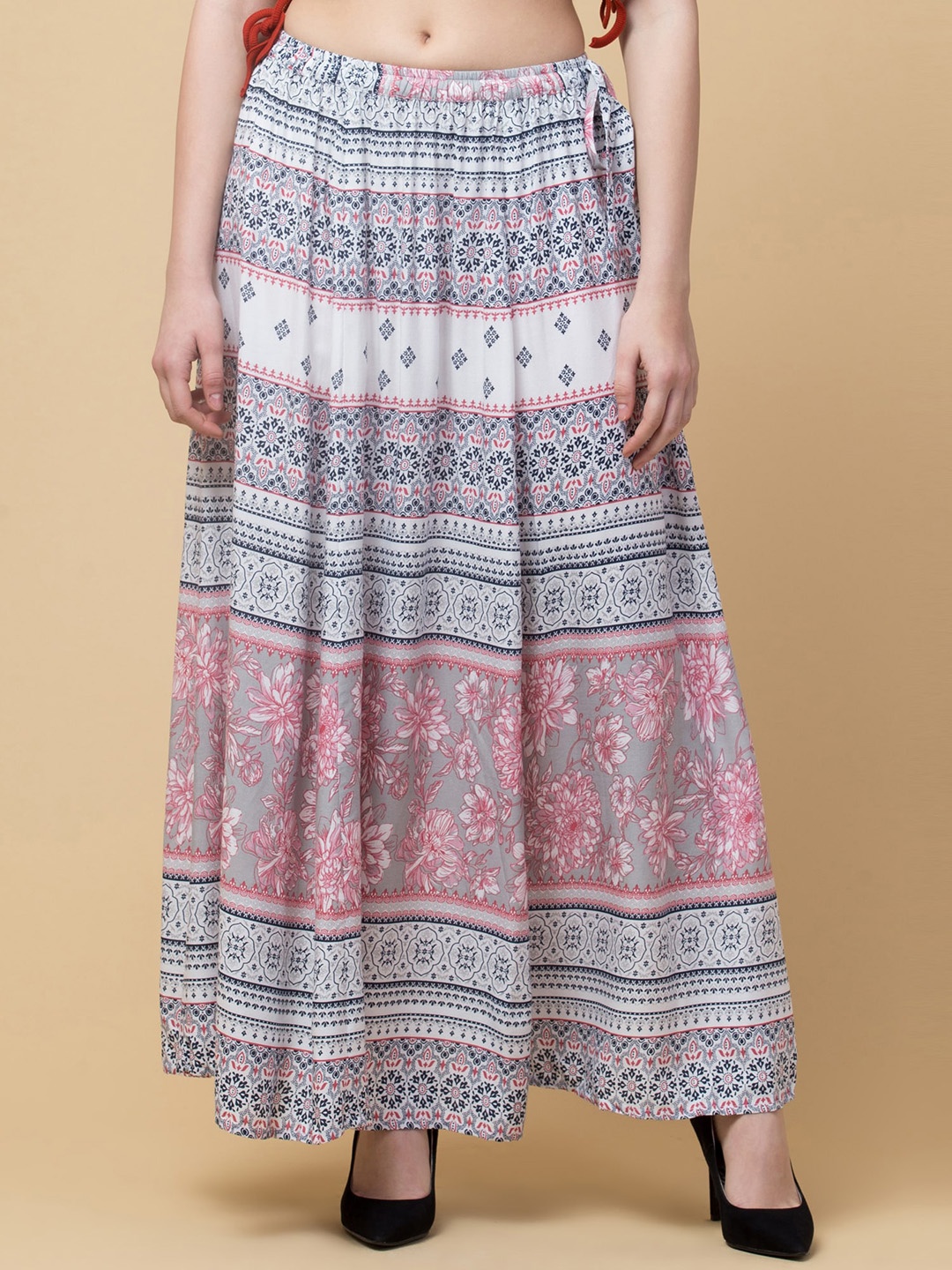 

Hive91 Women White & Red Floral Printed A-Line Maxi Flared Skirts