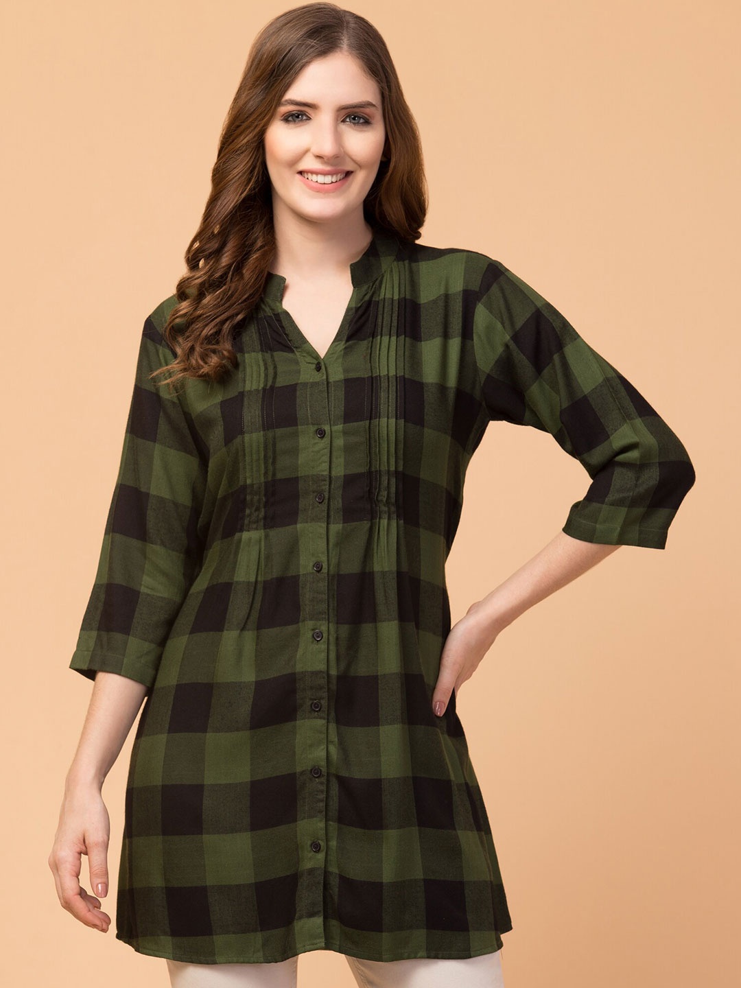 

Hive91 Green & Black Viscose Rayon Checked Shirt Style Tunic