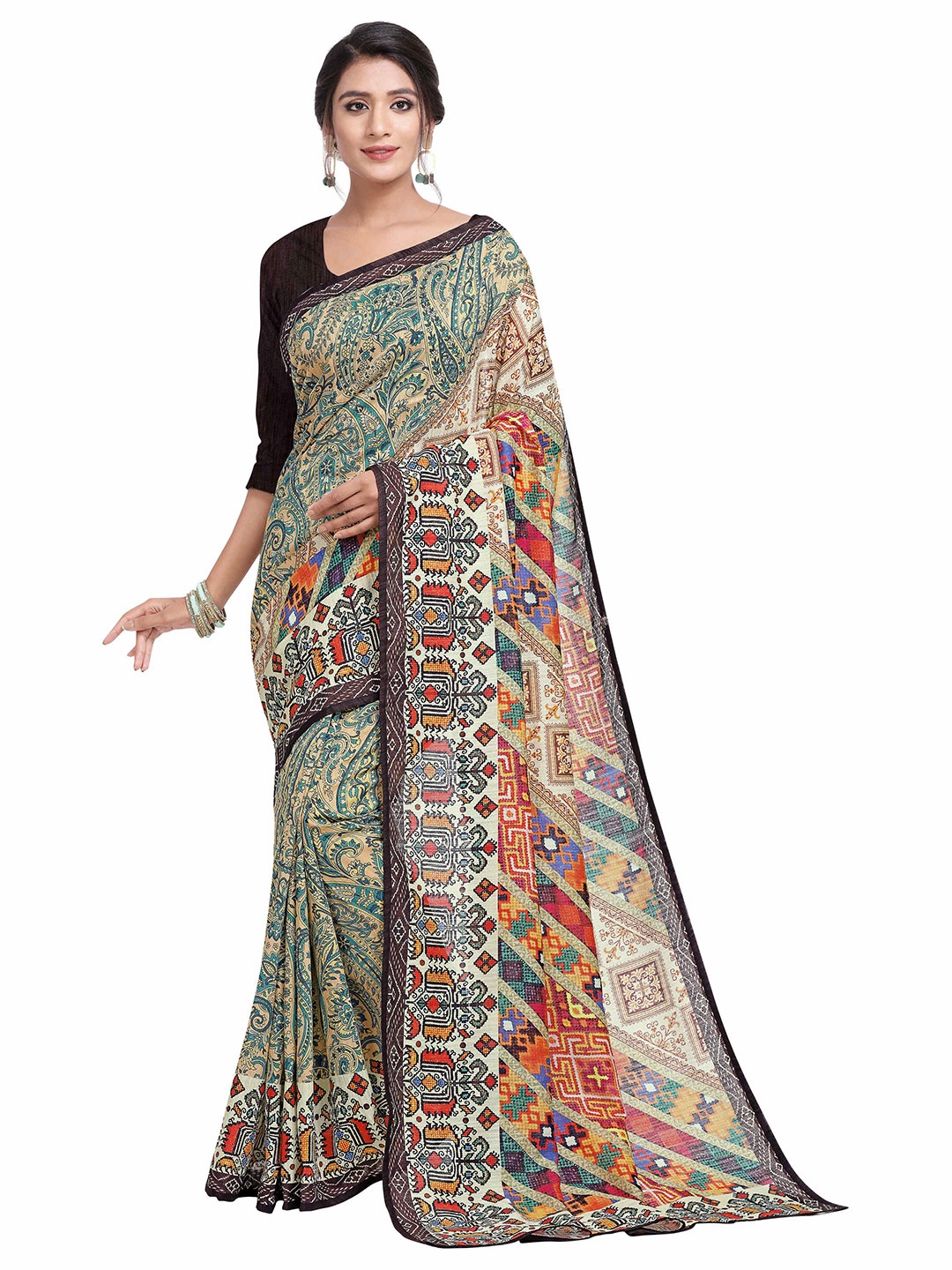 

SAPTRANGI Cream-Coloured & White Kalamkari Pure Linen Bhagalpuri Saree