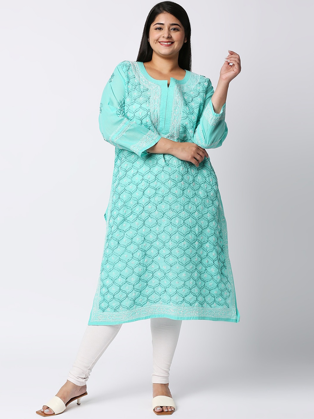 

Indiankala4u Women Sea Green Ethnic Motifs Printed Chikankari Kurta