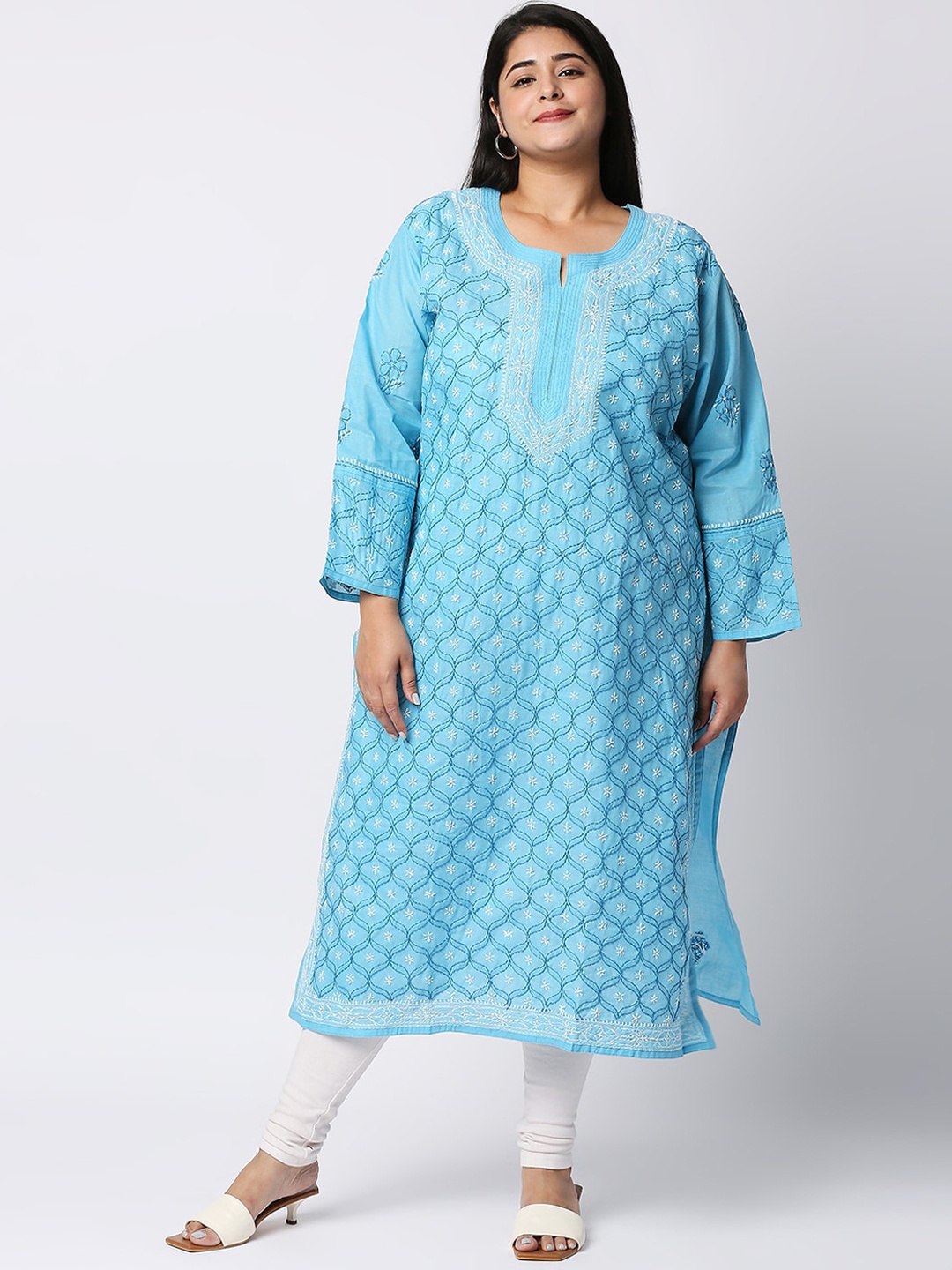 

Indiankala4u Women Blue Floral Printed Chikankari Kurta Plus Size