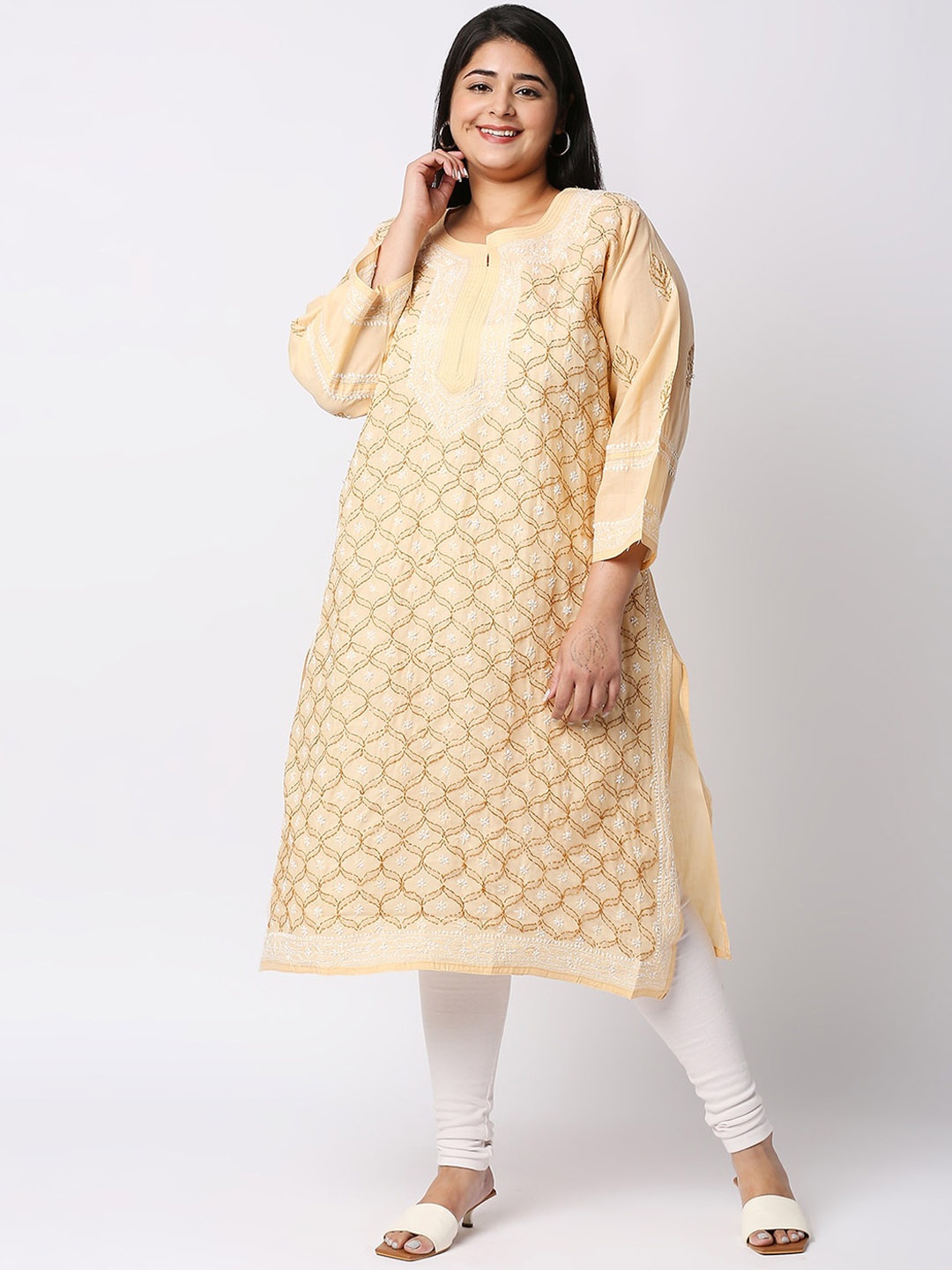 

Indiankala4u Women Beige Floral Printed Chikankari Kurta Plus Size