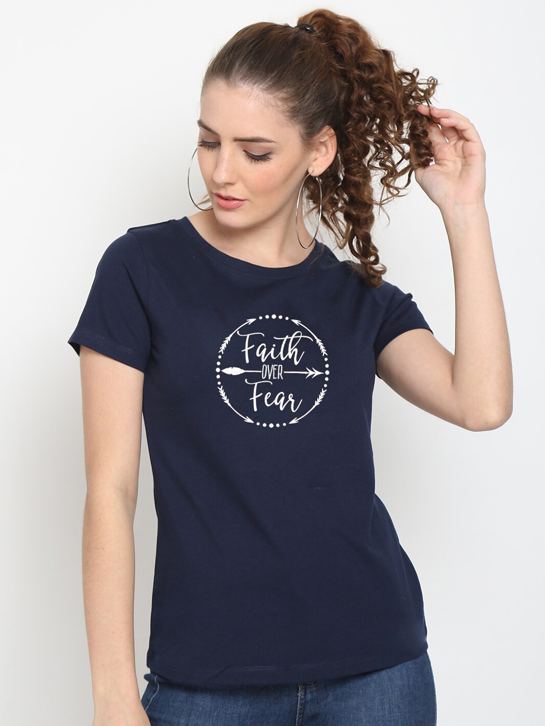 

UnaOne Women Plus Size Blue Typography Printed Slim Fit T-shirt