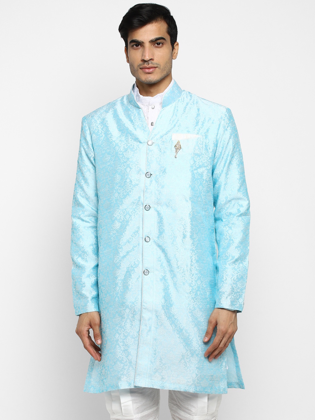 

ROYAL KURTA Men Blue & White Self Design Sherwani With Churidar Pants plus size