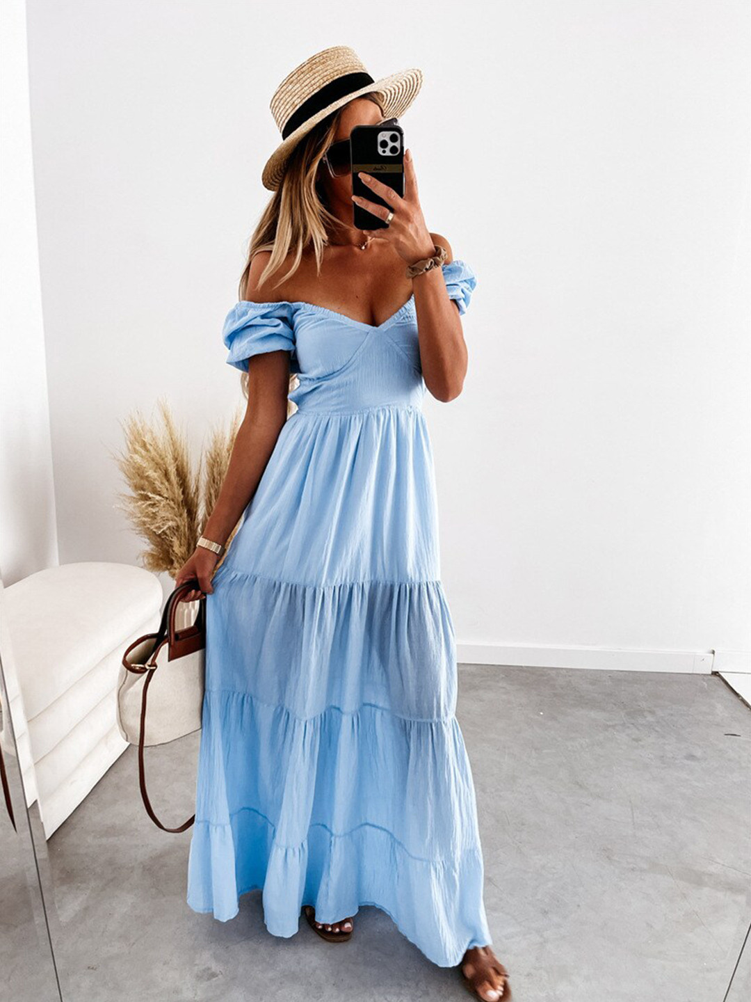 

BoStreet Blue Off-Shoulder Maxi Dress