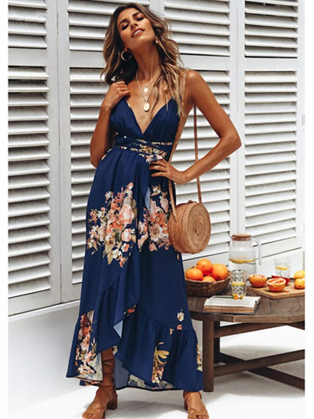 

BoStreet Navy Blue & Camel Brown Floral Maxi Dress