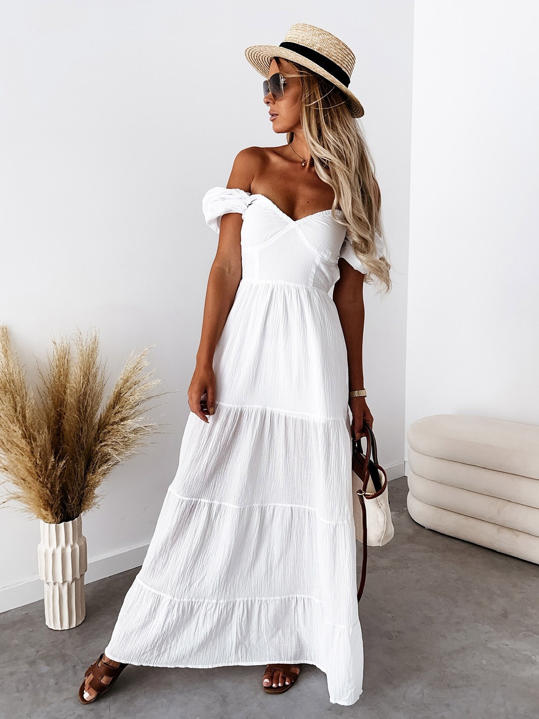 

BoStreet Women White Off Shoulder Backless Tiered Maxi Dress