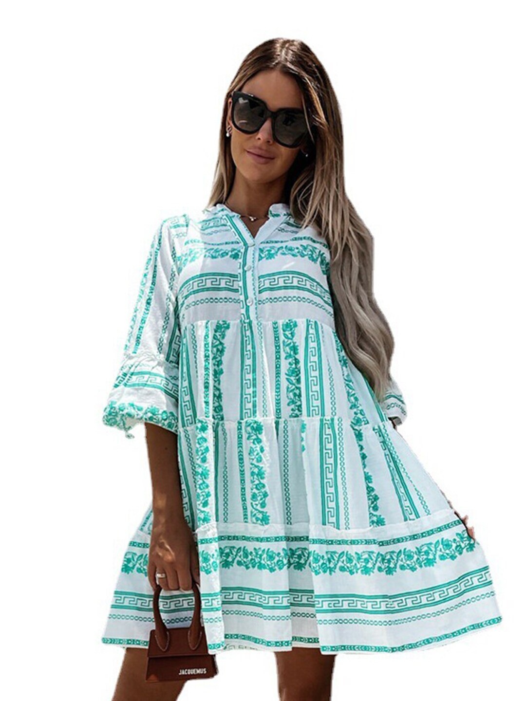 

BoStreet White & Green Ethnic Motifs Drop-Waist Dress