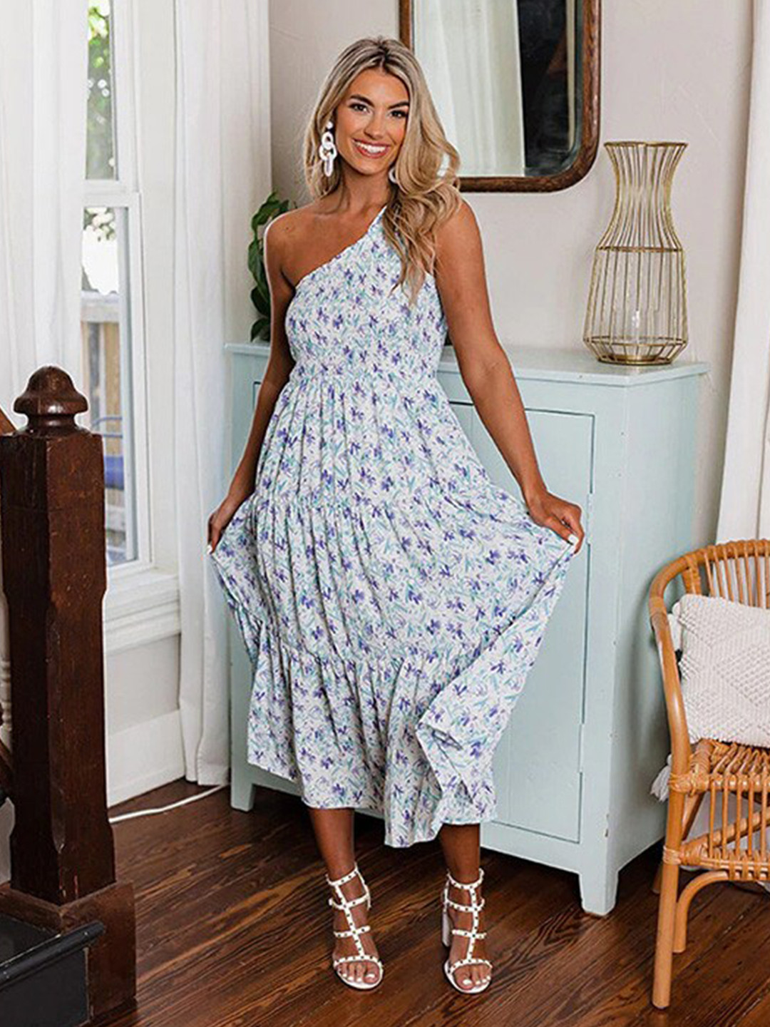 

BoStreet White & Turquoise Blue Floral One Shoulder Peplum Midi Dress