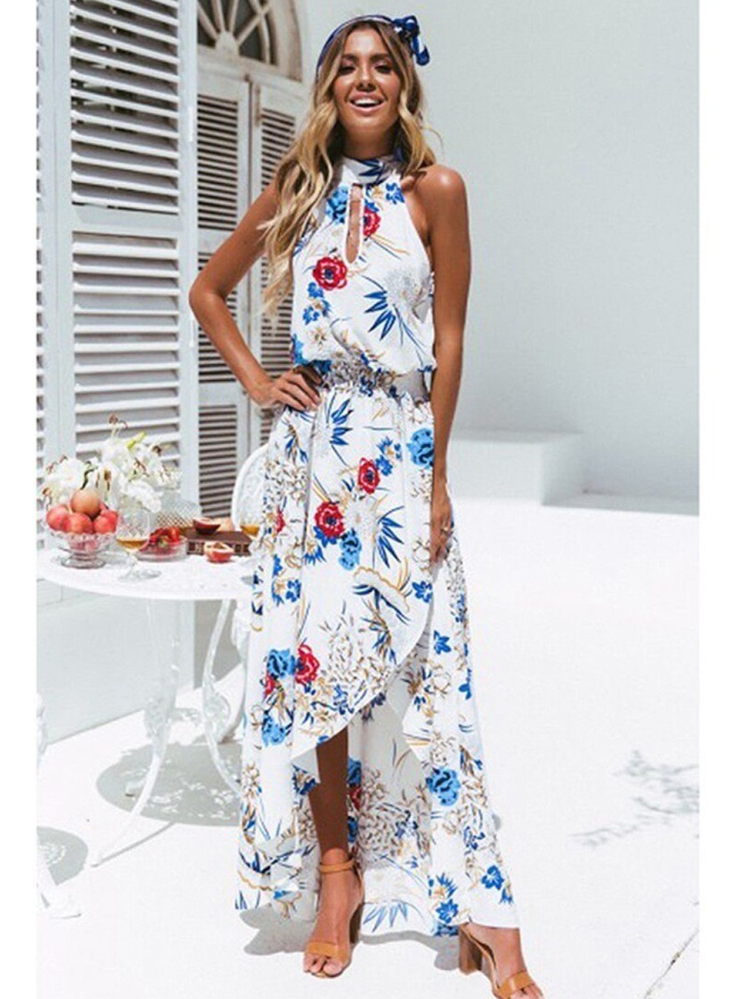 

BoStreet White & Red Floral Keyhole Neck Maxi Dress