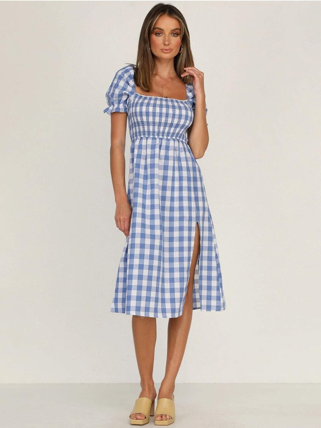 

BoStreet Blue & White Checked Front Slit Fit & Flare Midi Dress