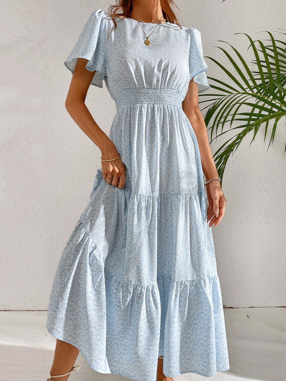 

BoStreet Blue & White Floral Keyhole Neck Peplum Maxi Dress