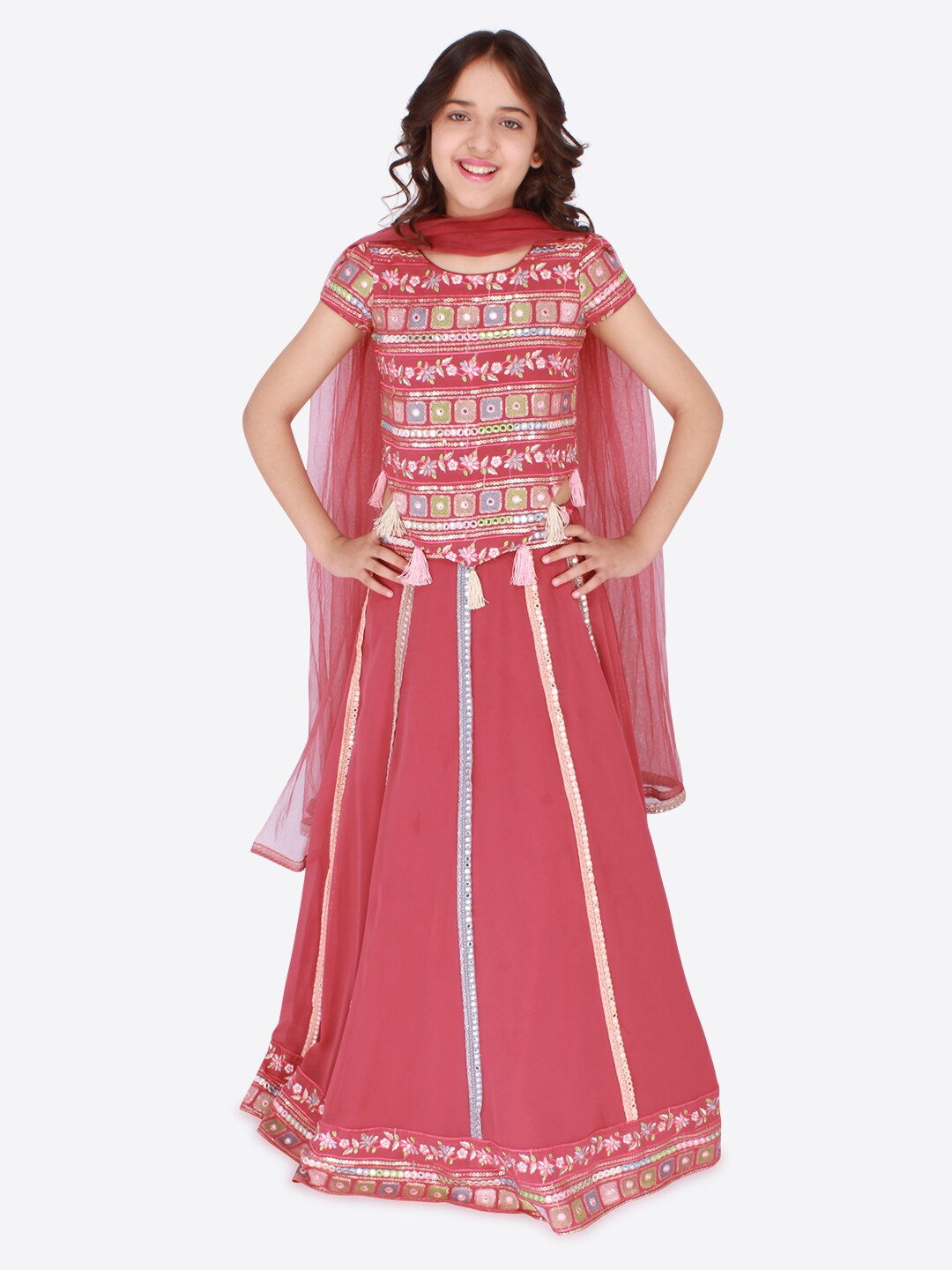 

CUTECUMBER Girls Rust & Gold-Toned Embellished Mirror Work Ready to Wear Lehenga & Blouse With Dupatta