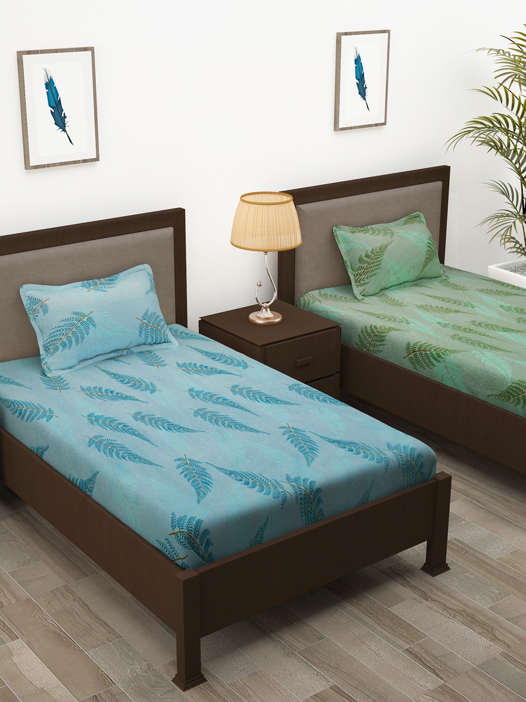 

Story@home Set of 2 Blue & Green Floral 200 TC 2 Single Pure Cotton Bedsheet Set